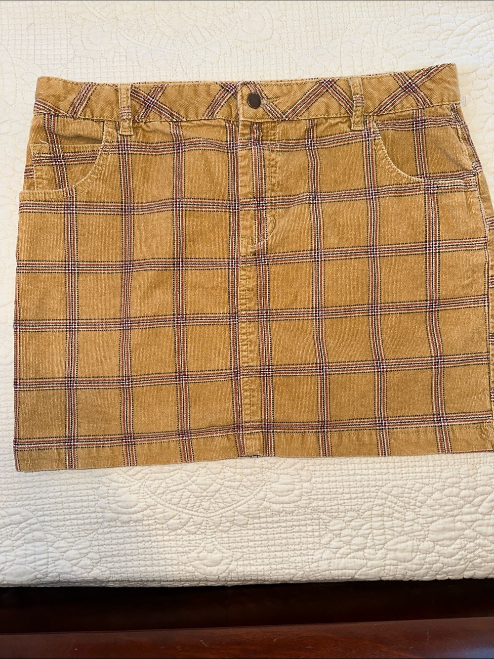 BDG Mustard Plaid Cord Mini Skirt with Front Button
